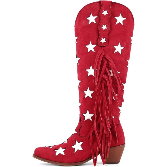 Women's Red Cowgirl Faux Suede Stars Block Heels Under the Knee High Boot - Picture 5 of 7